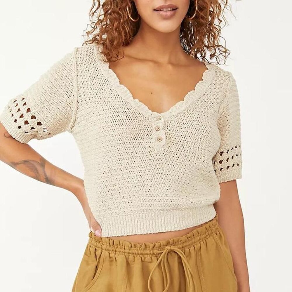 Free People Crochet Cream Short Sleeve Knit Top